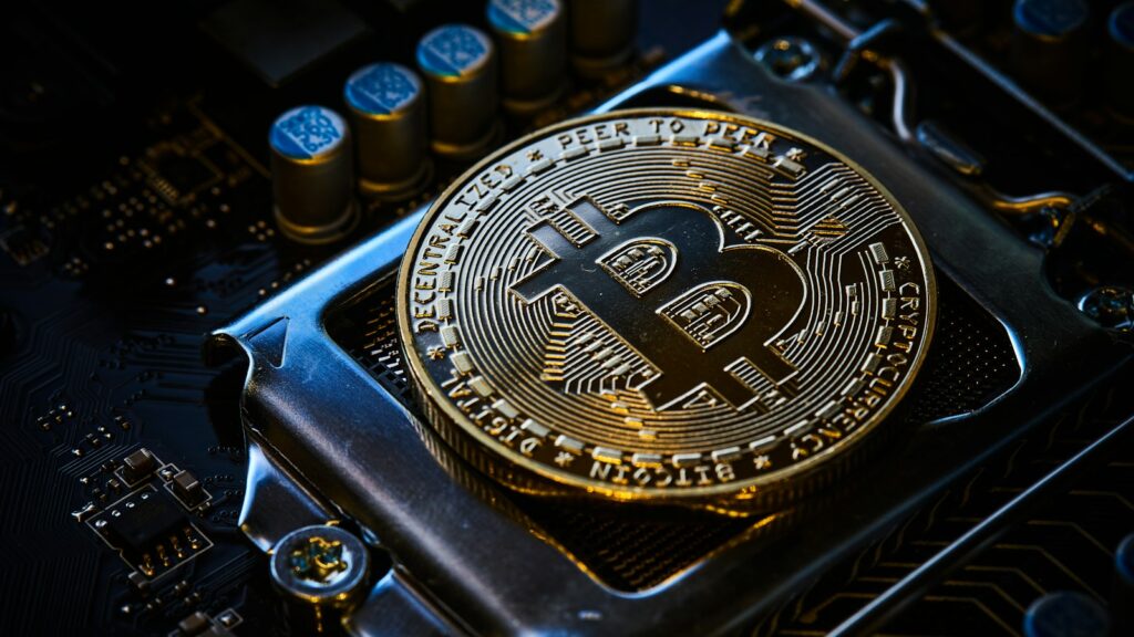 Bitcoin on a computer motherboard representing blockchain validation