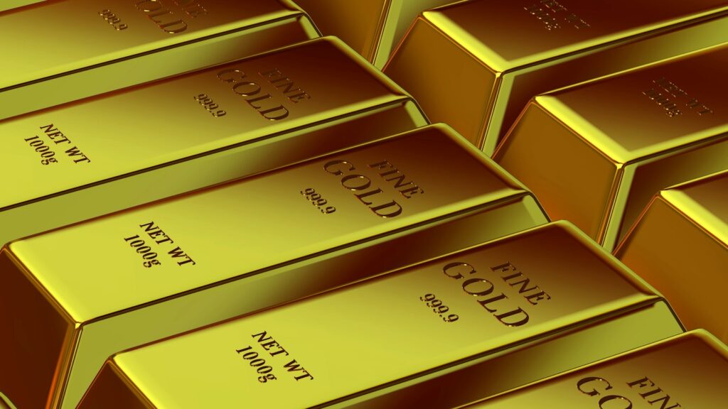 Rows of allocated gold bullion bars in a vault